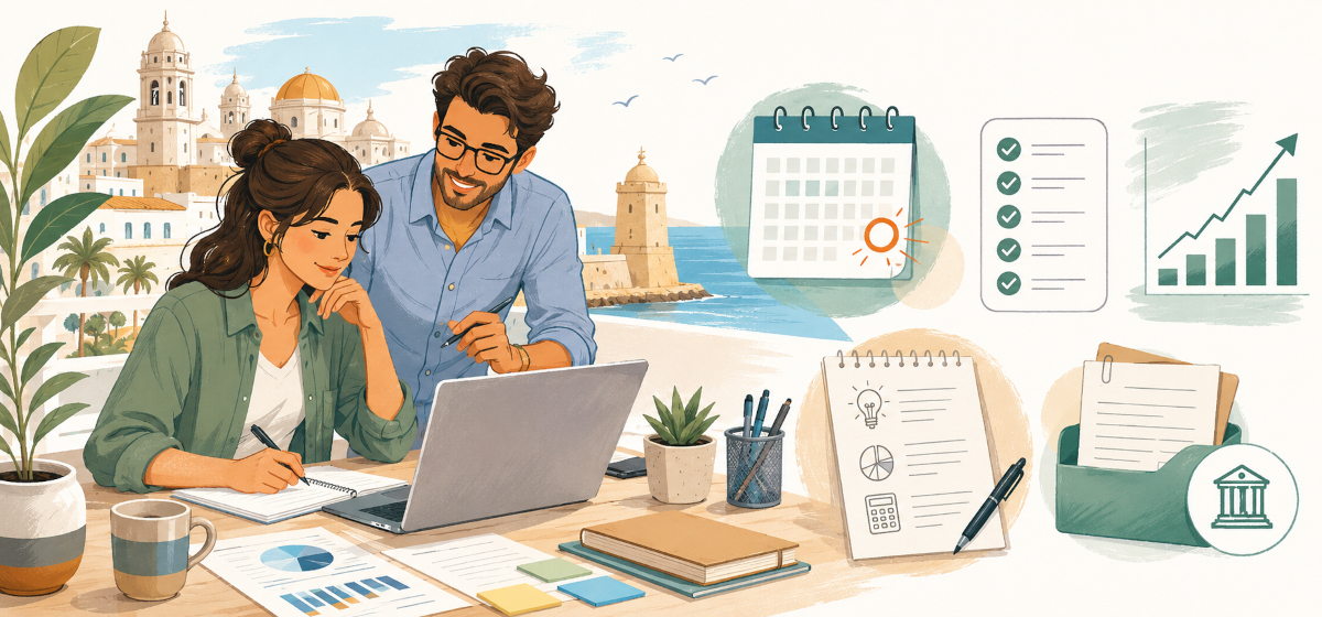 Persona emprendedora universitaria revisando un plan de viabilidad para solicitar la ayuda de autónomos en Andalucía