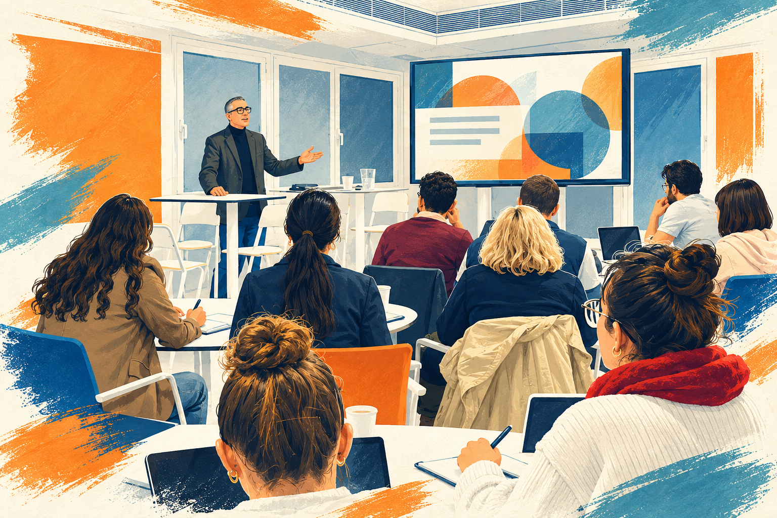 Ilustración de una sesión formativa con un ponente y participantes tomando notas, basada en una fotografía de la GEW UCA 2025.