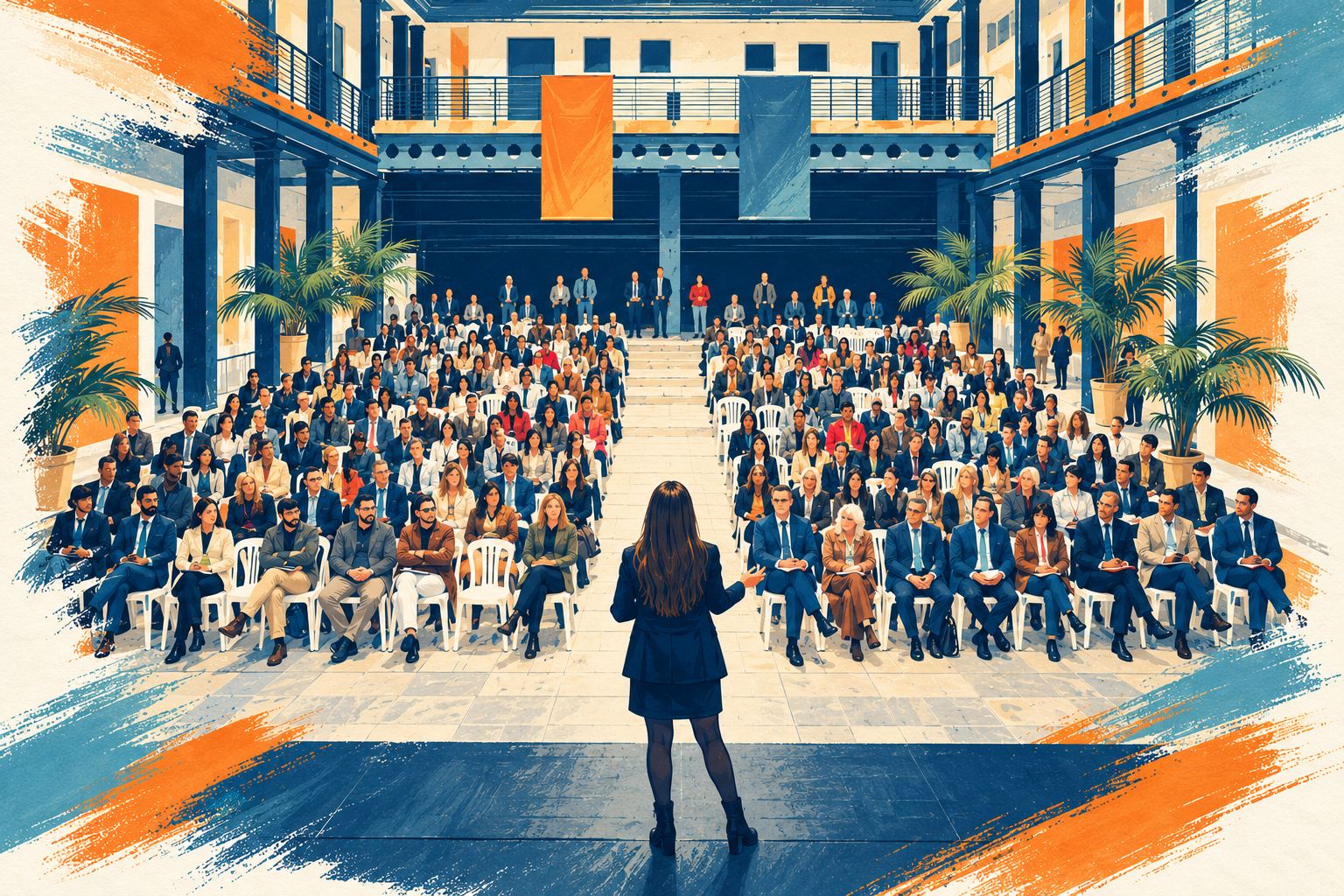 Ilustración de una ponente ante un auditorio de participantes, basada en una fotografía de la GEW UCA 2025.